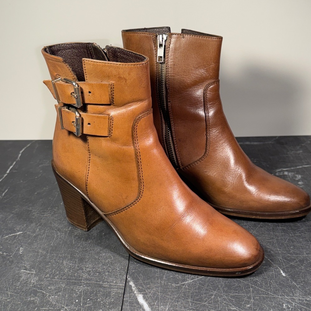Women‎ J.Crew Ankle Boots | Size 7.5 | Brown Leather Buckle Block Heel 07045